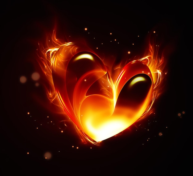 Abstract burning heart with sparks on dark background