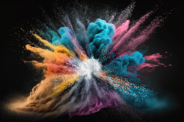 An abstract burst of colourful dust against a dark background Multicolored glitter texture abstract powder background and freeze motion of white powder exploding throwing color powder