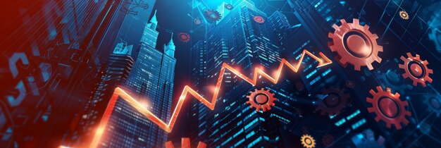 Abstract business cityscape with upward arrow and gears symbolizing financial growth and economic