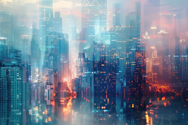 abstract business modern background with cityscape double exposure hyper realistic