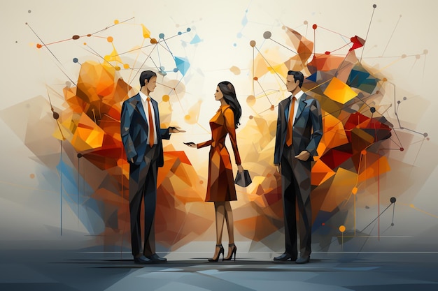 Abstract business professionals standing and discussing with vibrant geometric background representi