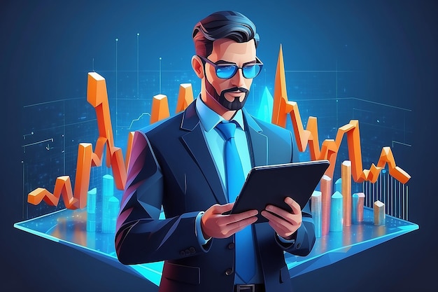 Abstract businessman is holding tablet with stock market candlestick hologram