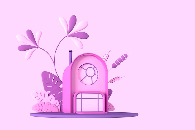 Abstract cartoon fairy-tale tiny cozy house in pastel colors on a background of fantastic stylized plants, trees and herbs. 3d illustration