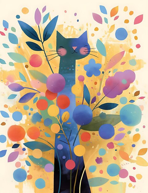 Photo abstract cat in a garden of colorful shapes and blobs