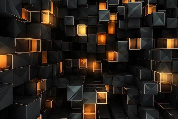 Abstract of chaotic cubes in empty space Futuristic background with glowing cubes