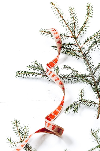 Abstract Christmas background Fir branches and a festive ribbon on a white background