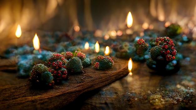 Abstract Christmas decorations from natural materials in mystical atmospheric festive evening interior