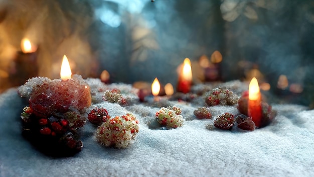 Abstract Christmas decorations from natural materials in mystical atmospheric festive evening interior