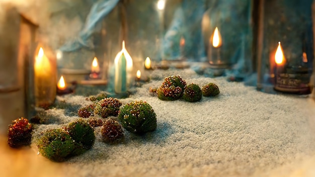 Abstract Christmas decorations from natural materials in mystical atmospheric festive evening interior