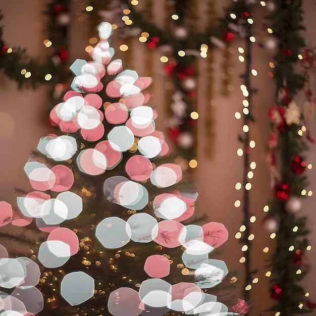 Abstract Christmas twinkled bright background with bokeh defocused white and pink lights Festive backdrop