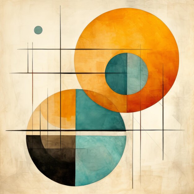 Abstract Circles And Lines Modernism In Dark Turquoise And Dark Orange