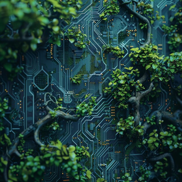 Photo abstract circuit board blending with the environment concept of digital transition