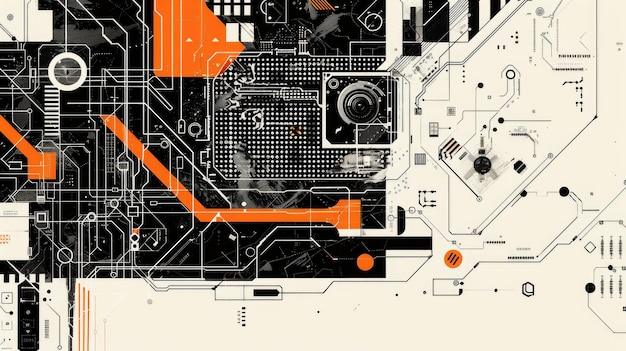 Photo abstract circuit board design with orange and black elements technology aig53f