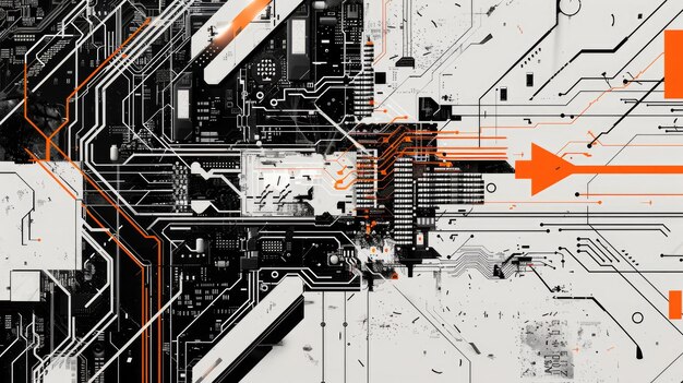 Photo abstract circuit board design with orange and black elements technology aig53f