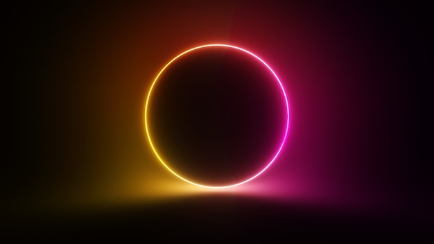 Abstract circular neon background. Fluorescent glowing neon glowing blinking light gradient. 3d illustration