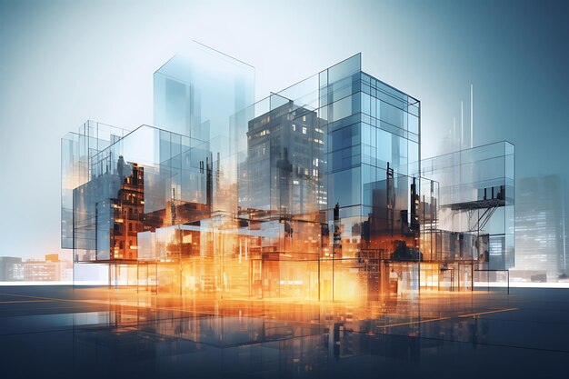 Abstract city background 3d rendering toned image double exposure