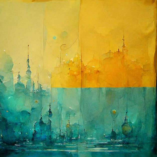 Abstract city buildings on yellow and blue watercolor painting background