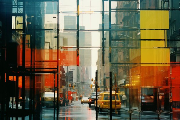 Abstract city scene capturing the vibrant energy of urban life with dynamic shapes and colors creat