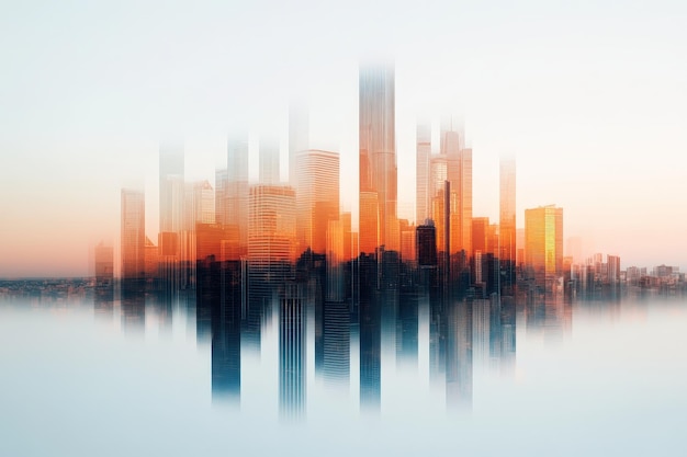 Photo abstract city skyline embraced by twilight hues and reflections of urban life in motion