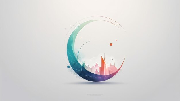 Photo abstract city skyline graphic in a circle of teal pink and red against a white background