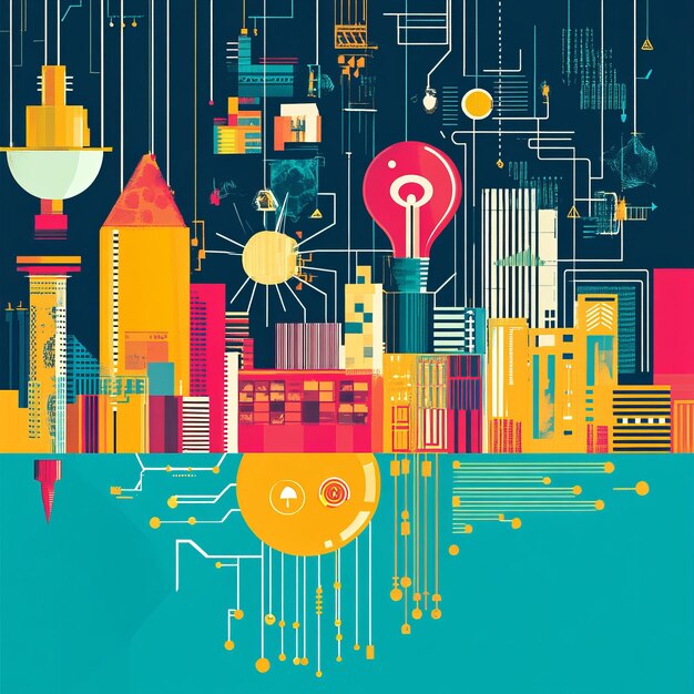 Abstract city skyline with light bulb and wires