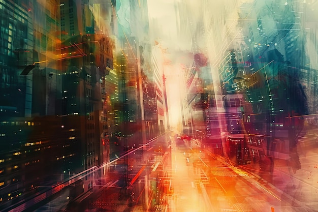 Abstract cityscape depicting vibrant and dynamic colors blending together to create an energetic urban scene with buildings and lights