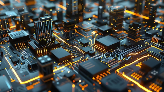 Abstract Cityscape of Illuminated Circuit Board Futuristic Technology Concept