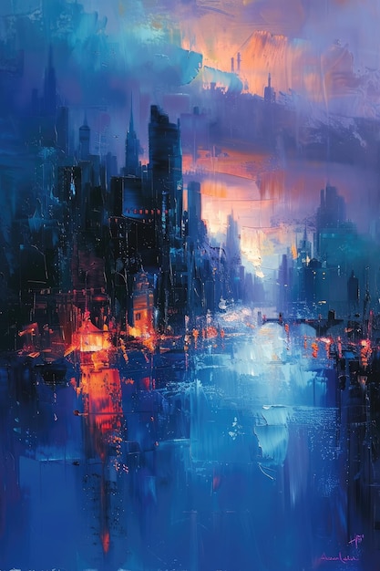 Abstract cityscape painting with vibrant blue and warm tones