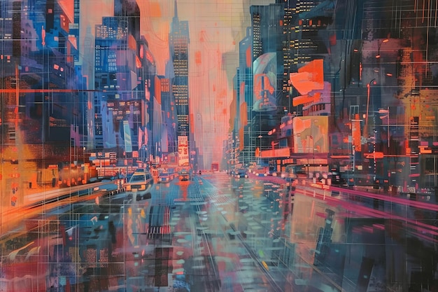 Photo abstract cityscape painting with vibrant colors depicting a bustling urban scene at night with reflections on wet streets