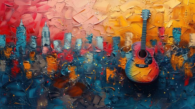 Photo abstract cityscape with guitar