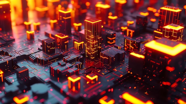 Abstract Cityscape with Neon Lights and Circuitry