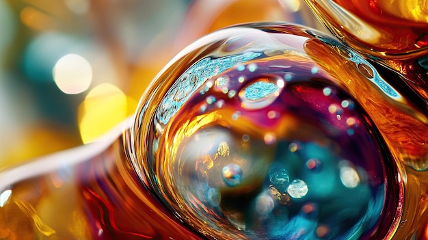 Photo abstract closeup of colorful glass with bubbles and reflections