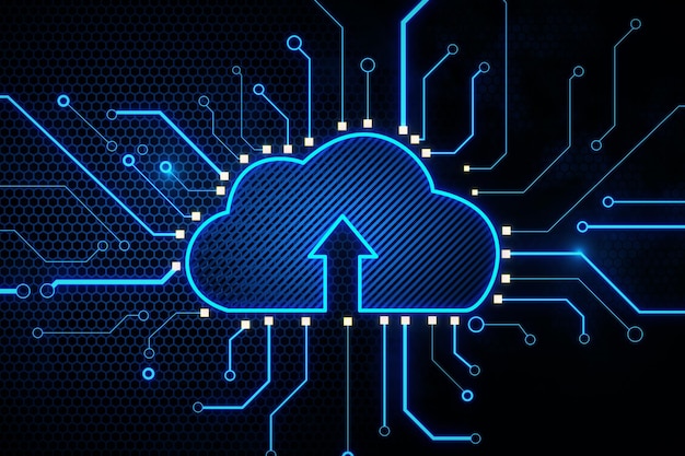 Abstract cloud technology background with blue digital cloud symbol with arrow up and lots of glowing circuit lines around 3D rendering