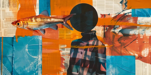 Abstract Collage of Fish Fashion and Vibrant Geometric Backgrounds