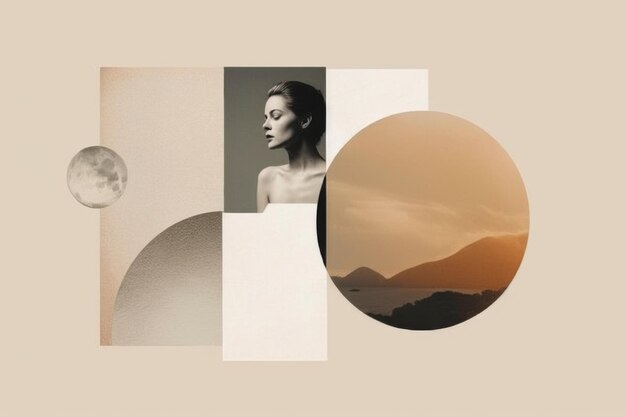 Photo abstract collage of a woman moon and landscape