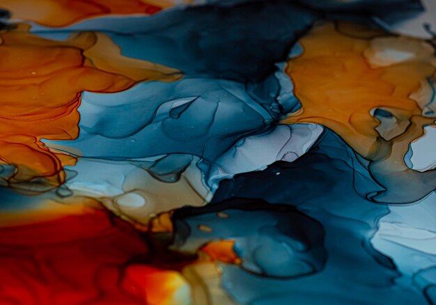 Abstract color fluid background, hand drawn alcohol painting, liquid ink technique. Selective focus