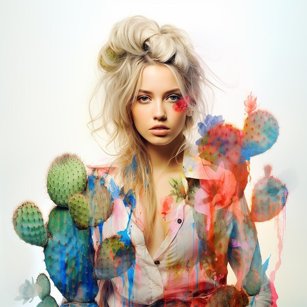 Abstract color girl with cactus AI Generative