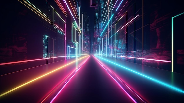 abstract color neon light footpath on a dark tunnel with a city in the background generative ai