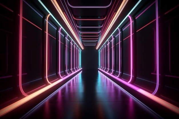 Abstract color neon light footpath direction in perspective in the futuristic city background Generative AI