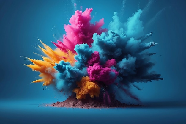 Photo abstract colored dust explosion on a blue background