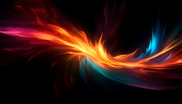 Abstract colored flames in a burst on a black background with copy space