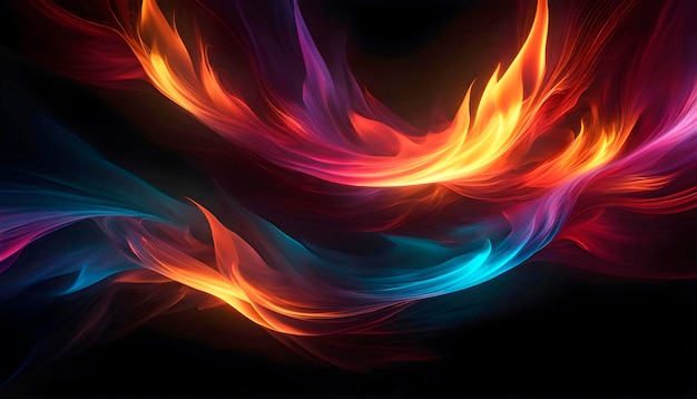 Abstract colored flames in a burst on a black background with copy space