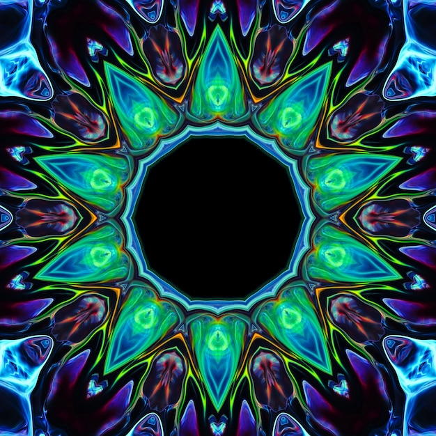 Abstract colored neon flower on a black background. The element for the design is a luminous flower