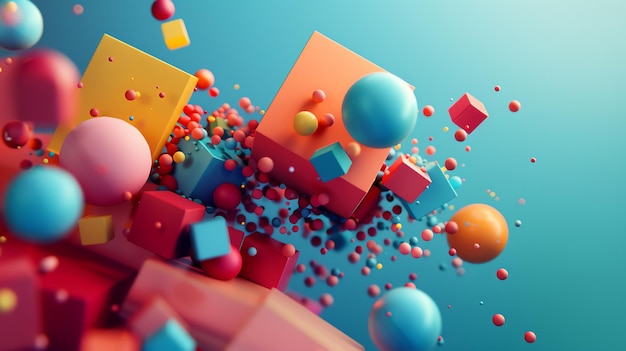 Abstract colorful 3D rendering of spheres and cubes