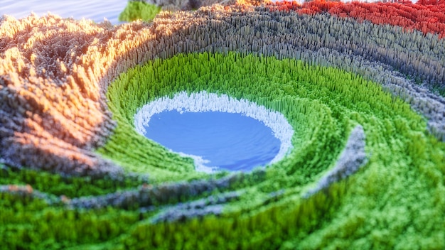 Abstract colorful background. 3d topographic nature landscape with green grass and blue lake.