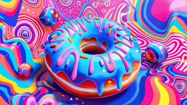 Photo abstract colorful background with 3d donut and candies