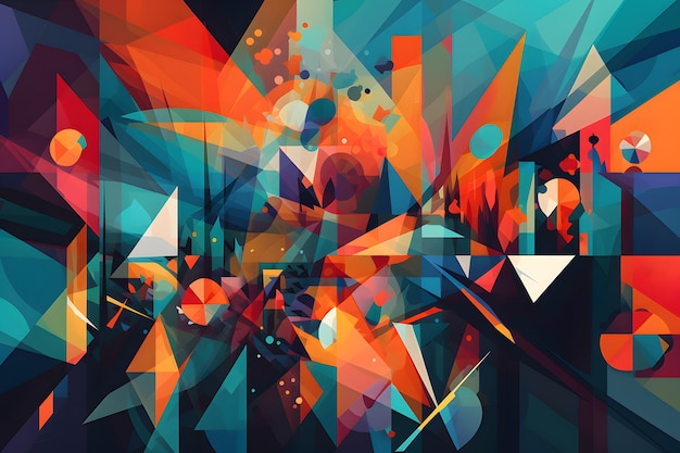 Abstract and colorful composition of geometric shapes in a dynamic and visually striking way Colors should be bold and bright with a futuristic and vibrant feel Generative Ai