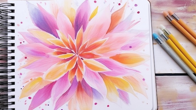 abstract colorful flower painting on white notebook