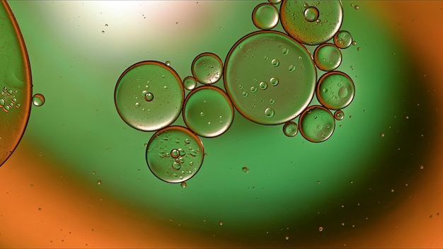 Abstract Colorful Food Oil Drops Bubbles and spheres Flowing on Water Surface Macro Photography