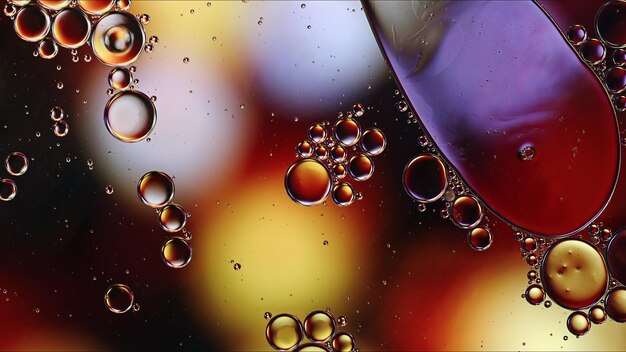 Abstract Colorful Food Oil Drops Bubbles and spheres Flowing on Water Surface Macro Photography